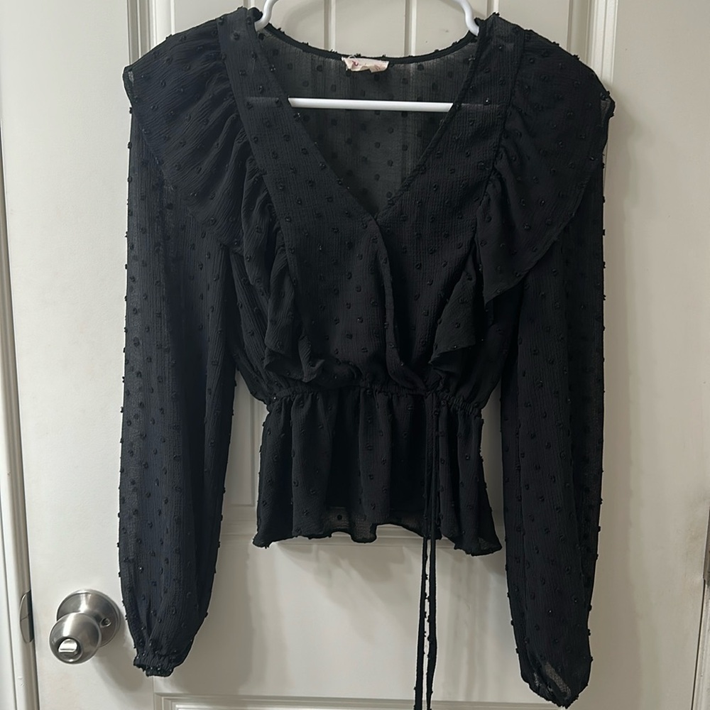 SO Black Sheer Polka Dot Ruffle Shirt, Size Juniors XS